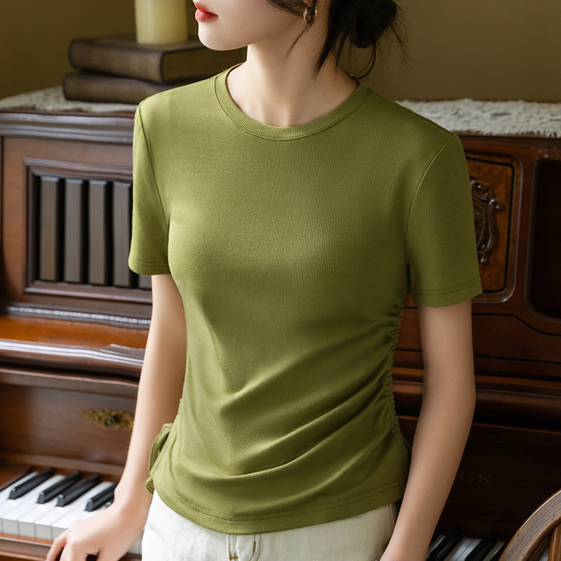 Camiseta de manga corta acanalada para mujer, nuevo estilo 2025, color liso, cuello redondo, cintura elástica fruncida con cordón, venta al por mayor