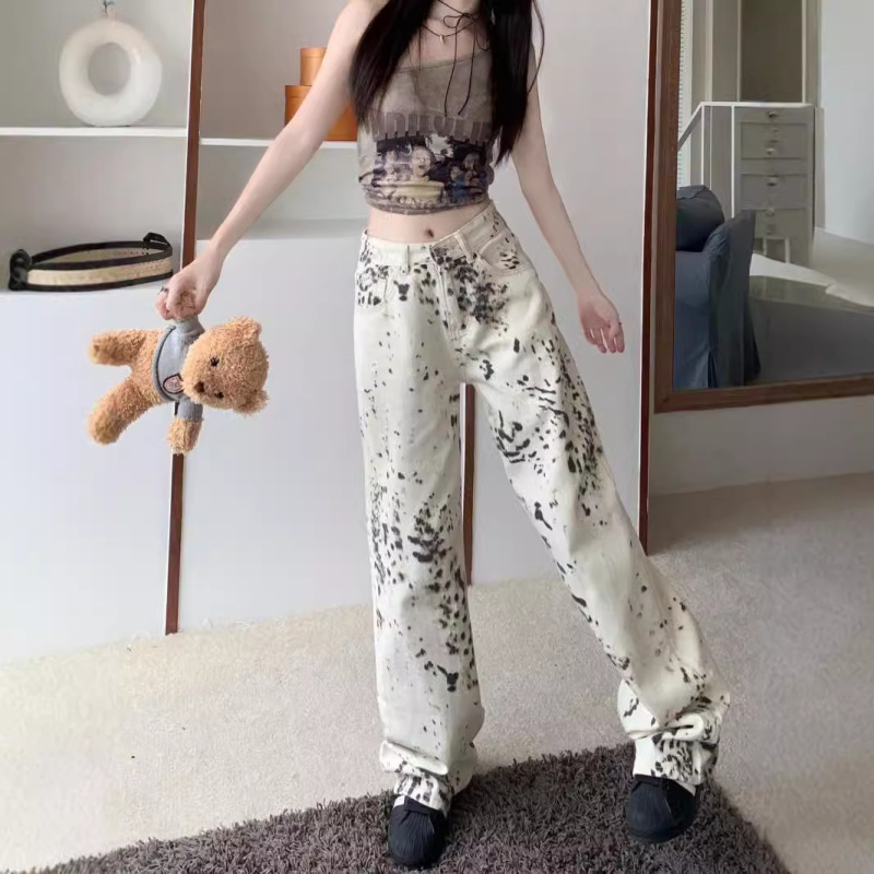 【韩牛】宽松休闲阔腿直筒拖地复古高街辣妹豹纹设计感牛仔裤女|undefined