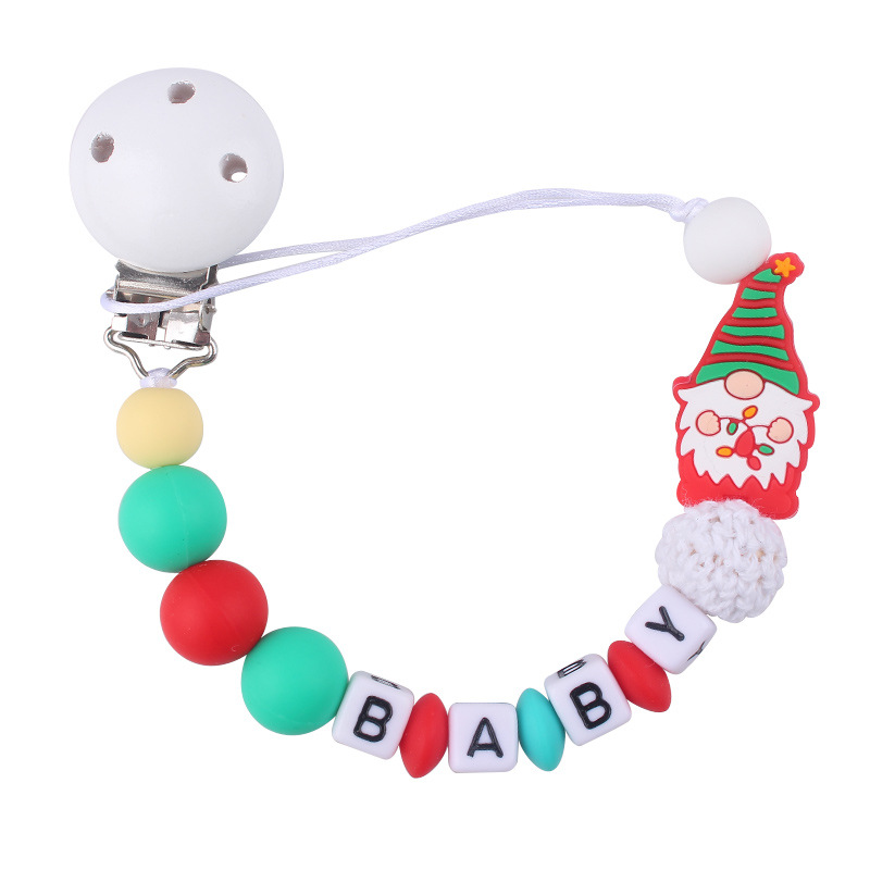 Nuevo BABY letras plásticas de madera chupeta clips Santa Claus silicona bebé pacificador chupeta cadena anti-caída cadena