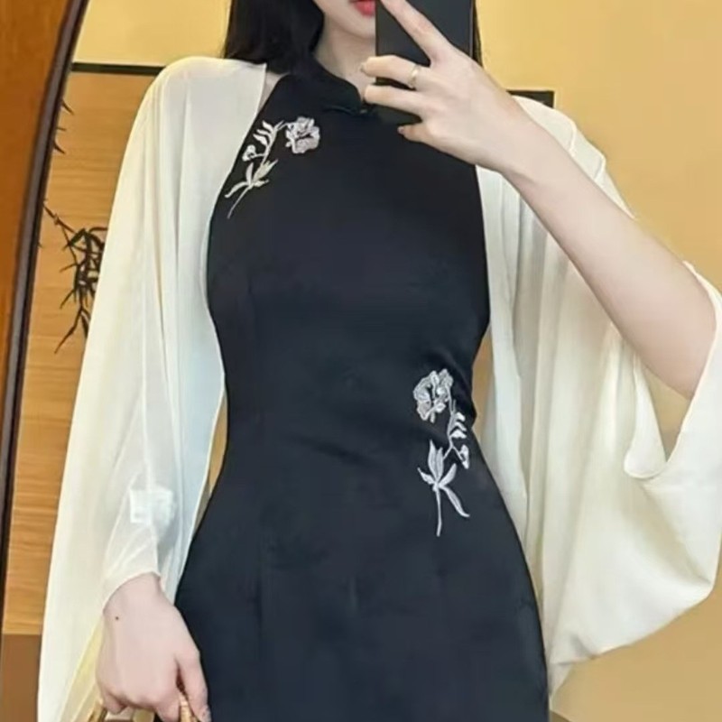 夏の女性用フェアリーテンセル日焼け止め服、チャイナドレススカート、小さなショール、チュールカーディガンジャケット、通気性のあるブラウス|undefined