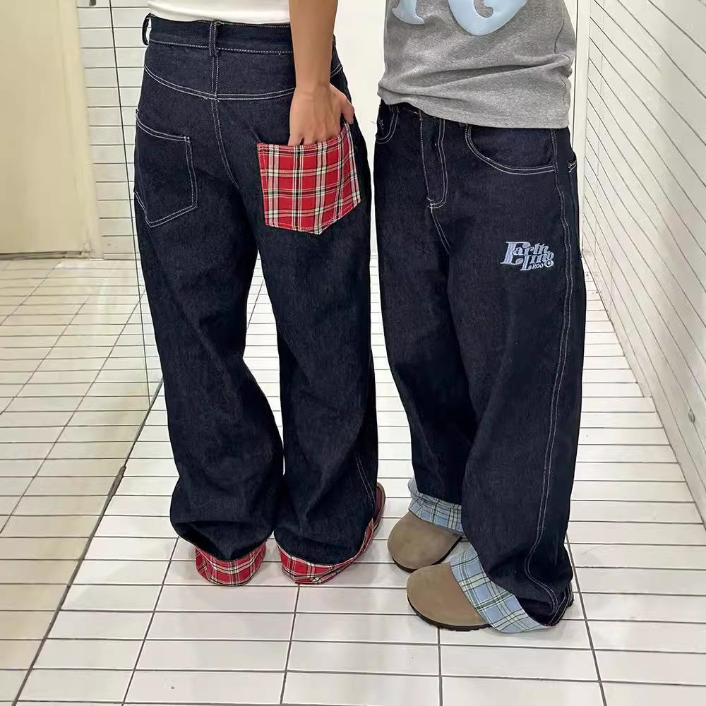 美式格子拼接卷边牛仔裤男秋季新款阔腿直筒宽松高级感情侣长裤子
