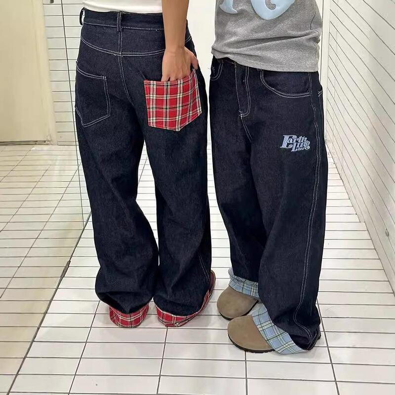 American-style Plaid Stitching Curl Jeans Men's Autumn New Wide-leg Straight Loose High-grade Couples Long Pants