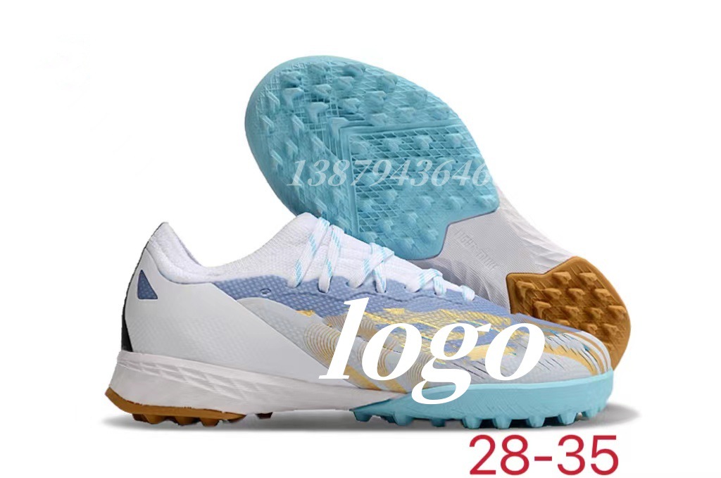 Los fabricantes de Putian venden al por mayor zapatos de fútbol de la serie X de entrenamiento verde de uñas rotas para niños y niñas de interior transfronterizos