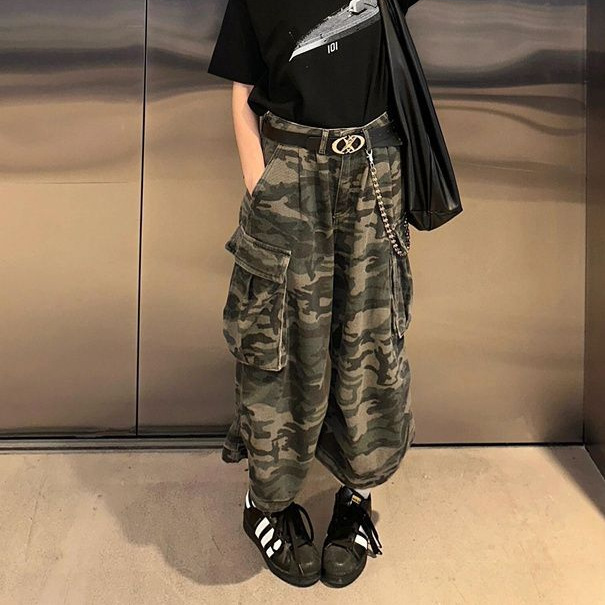 美式复古迷彩阔腿牛仔裤工装裤女春秋新款高腰宽松直筒休闲七分裤
