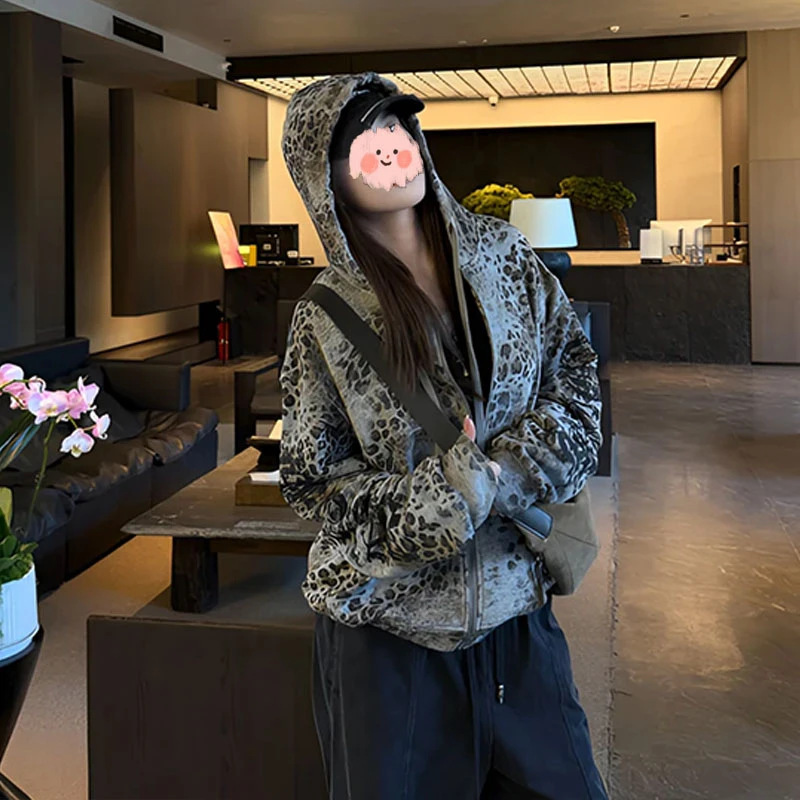 American Gothic style leopard print and rolling stone print hooded cardigan sweatshirt, unisex, loose fit, street fashion brand, cross-border jacket