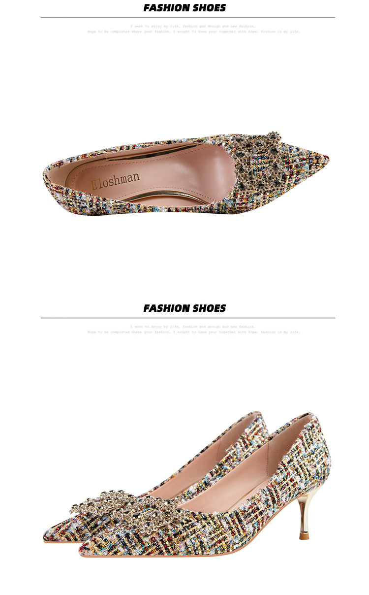 Fashion sexy slim high heels slim heels High heels shallow-cut pointe sparkling rhinester buckle women's single shoes_voghion.com