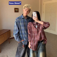 NASA美式复古棉质格纹长袖衬衫春秋季新款宽松休闲情侣款衬衣外套