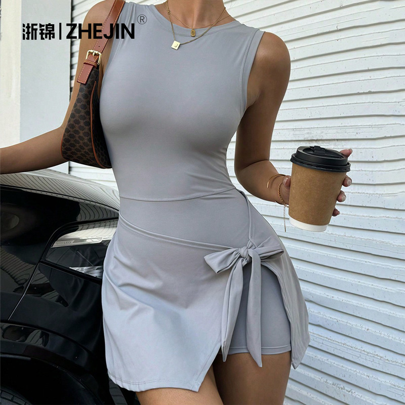 New Fake Two-Piece Anti-Exposure Tight One-Piece Tennis Skirt Slimming Look High Elastic Casual Fitness Back Yoga Dress