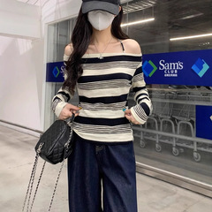 辣妹风2025秋季新款挂脖绑带可一字领长袖条纹上衣女韩系显瘦内搭