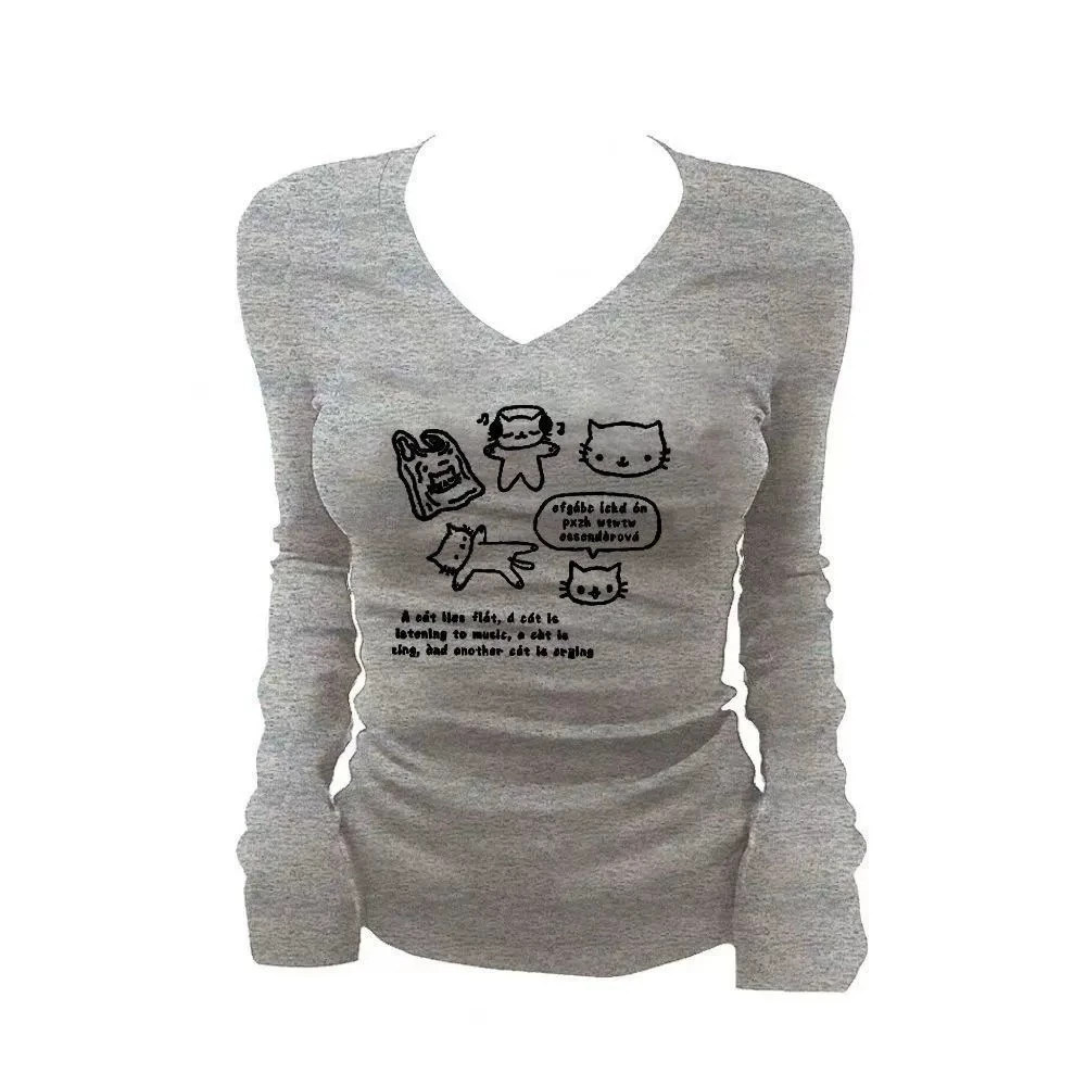 Американская ретро горячая девушка с V-образным вырезом с длинным рукавом футболка женская осень новая тонкая тонкая мультяшная нижняя рубашка с принтом