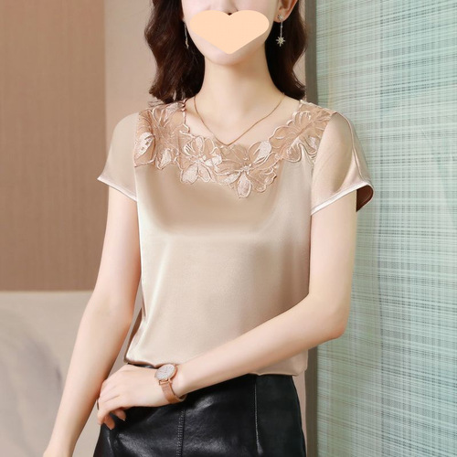 Summer Lace Design Women's Short Sleeve Top Outerwear Satin Base Layer Top Fashion Trendy Plus Size Bodycon Top