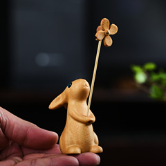 黃金檀木雕風車玉兔手把件生肖創意桌面擺件卡通兒童生日精緻禮物
