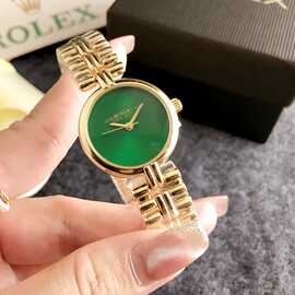 1688批发绿色表盘全金手表女士简约圆形时尚轻奢手表石英手表女款