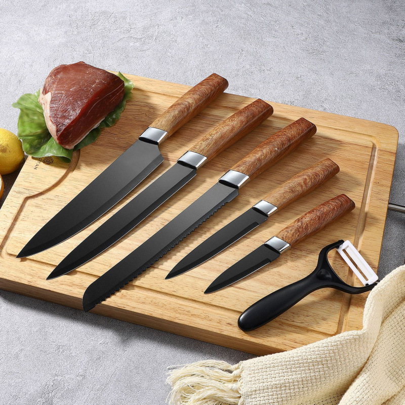 Cuchillo de acero inoxidable personalizado de comercio exterior cuchillo de madera cuchillo de cocina set de siete piezas cuchillo de fruta set de regalo