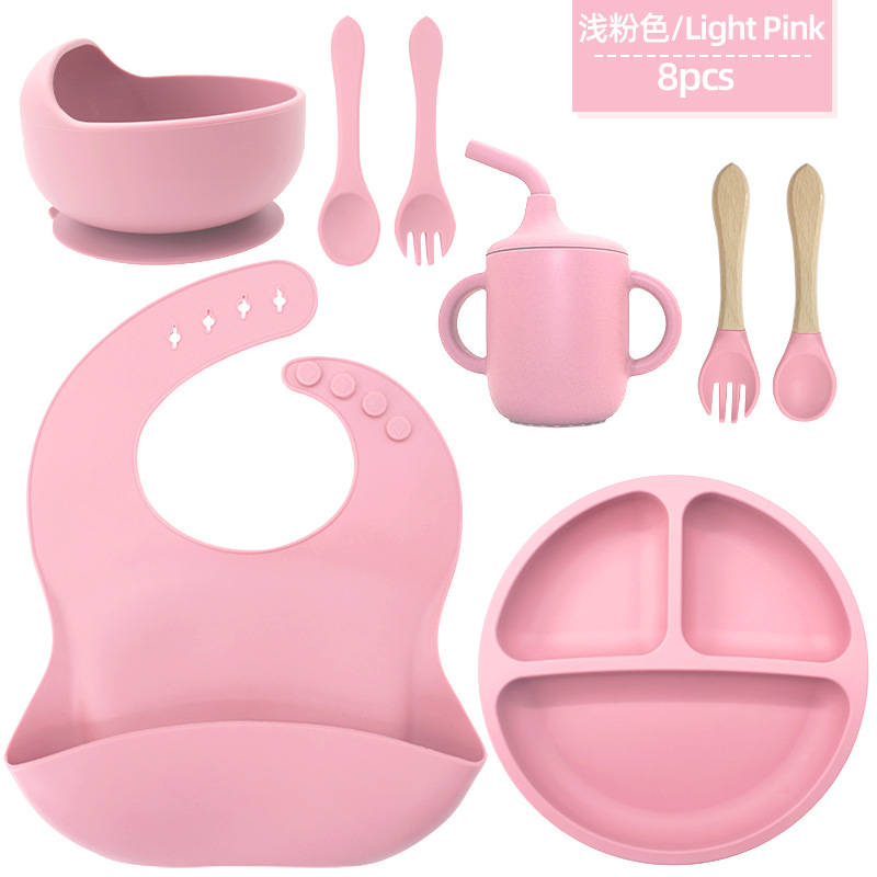 Juego de vajilla de silicona para niños, tazón de alimentos suplementarios, cuchara de silicona para bebé, tazón de silicona, vajilla de silicona, juego de ocho piezas de grado alimenticio