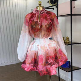 欧美跨境女装2025秋季新款气质油画花卉泡泡袖衬衫高腰半身裙套装