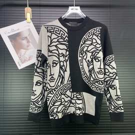 欧洲站跨境专供秋冬轻奢新品VE人像提花圆领套头针织衫毛衣男