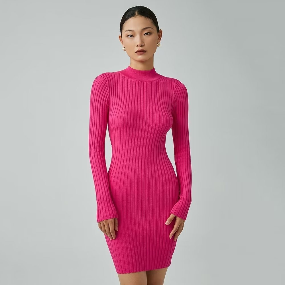 elastic slim backless round neck long sleeve solid color knitted dress NSXDX137503