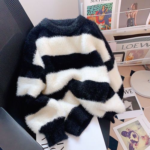 Women's Felt Mink Sweater with High-end, Loose and Slouchy Style, Thick Black and White Striped Knit Top for Autumn and Winter, Small Figure