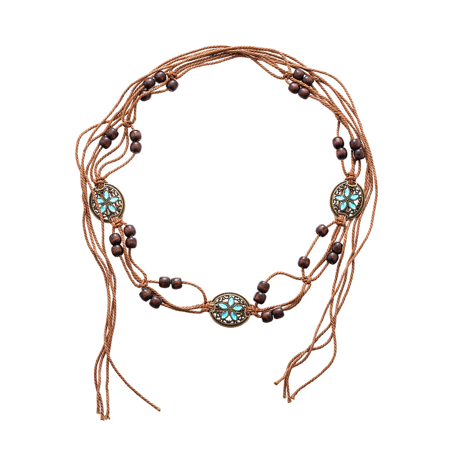 Estilo étnico retro, diamante, cuerda de cáñamo, cuentas de madera, cadena de cintura tejida redonda, personalidad, temperamento de nicho, cinturón de alta gama, mujer