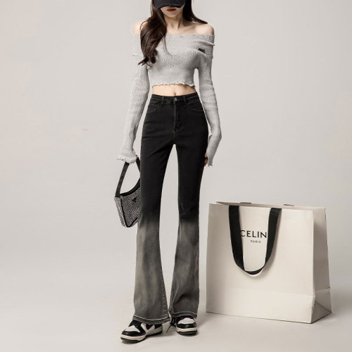 Women's Graduated Denim Jeans with Design Sensibility, Slim Fit, Elastic High-Waist, Micro-Bell Bottom, Color Block, Floor-Length Horseshoe Pants