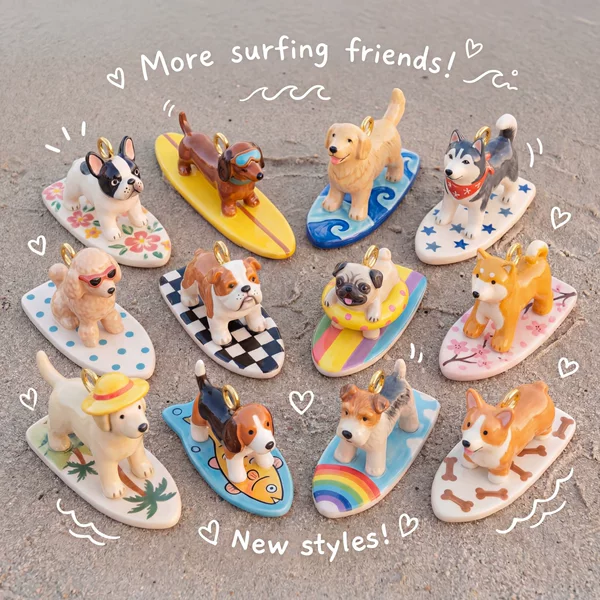 Trendy European and American Beach Surfing Puppy French Bulldog Golden Retriever Jewelry Pendant DIY Necklace Vacuum-Sealed 18K Gold