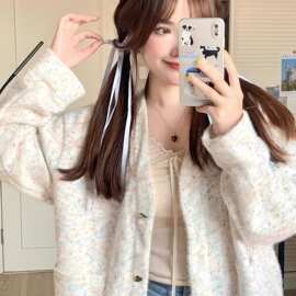 秋冬款女士毛绒外套单排扣V领针织衫长袖软糯糯毛衣宽松外搭上衣