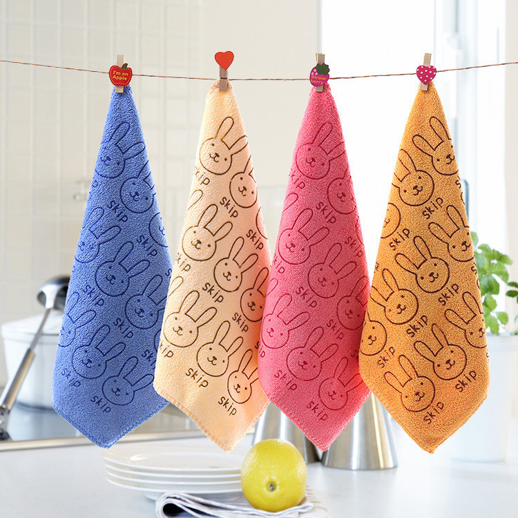 Rabbit Head Brushed Printed Small Square Towel Kindergarten Hand Towel Fine Fiber Absorbent Cartoon Cute Towel with Hook