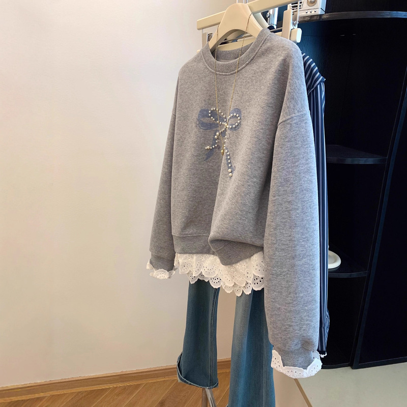 Gray Bow Splicing Lace Hem Round Neck Sweatshirt for Women Spring & Fall Korean Retro Loose Age-Reducing Top