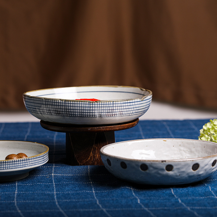 Three-point Burned Soup Bowl Japanese-Korean Style Light Bowl High Temperature Color Glaze Hand-painted Creative Ceramic High-foot Bowl Plaid Coarse Pottery Ancient Style Bowl