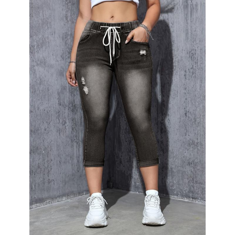2025 New Cross-Border Dropshipping High Elastic Mid-Waist Drawstring Capri Jeans