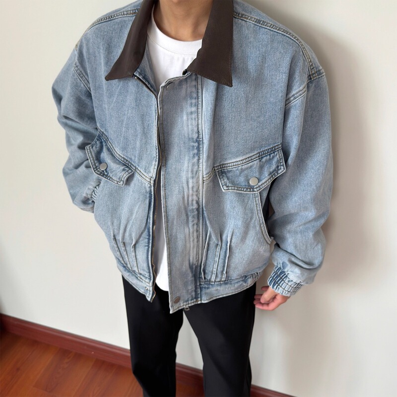 布老哥Blog美式水洗褶皱廓形牛仔夹克春季痞帅显高蓝色外套W389棉|undefined
