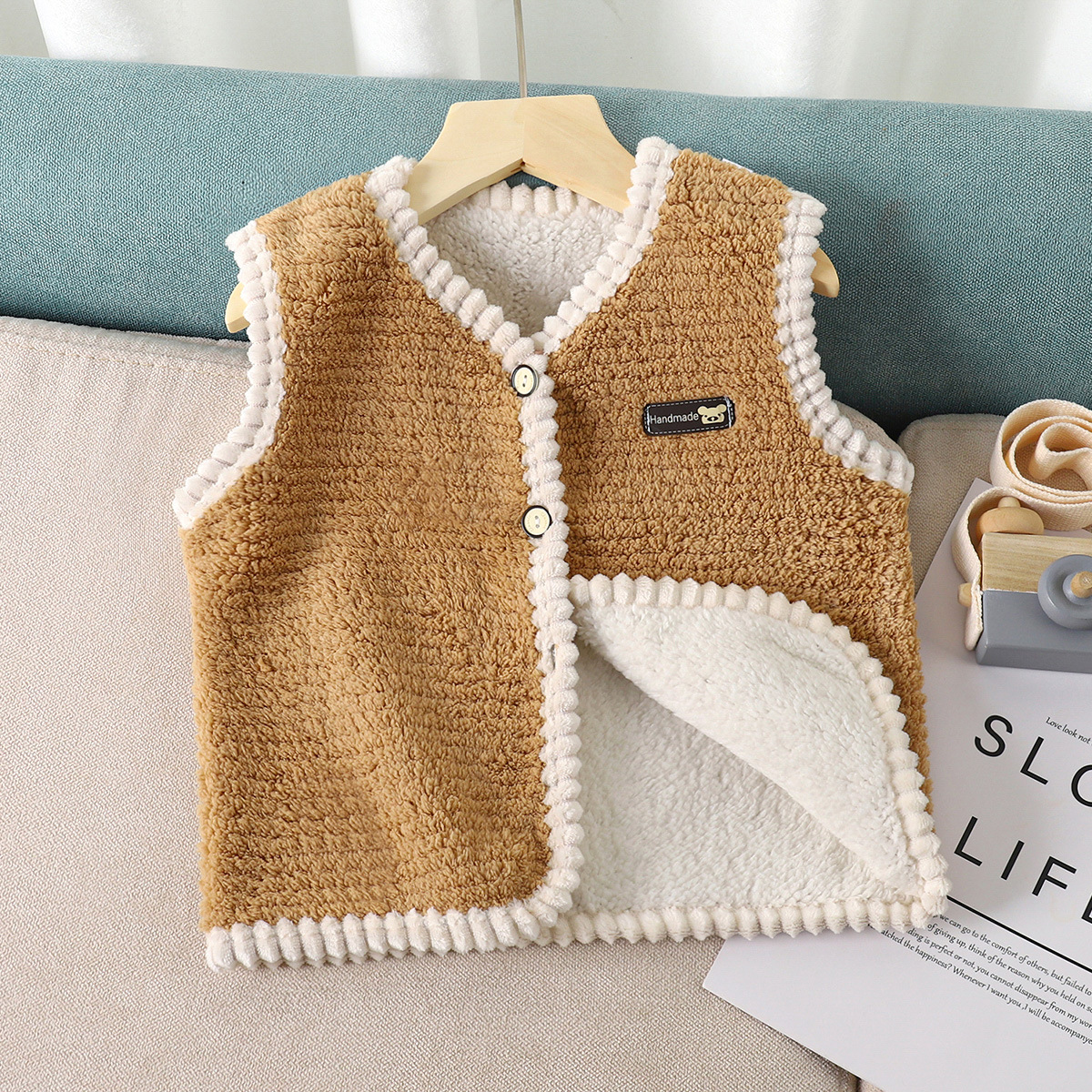 Chaleco de lana de cordero para niños Otoño e invierno de doble cara chaqueta forrada de lana para niños casual color sólido de un solo pecho Chaleco de moda