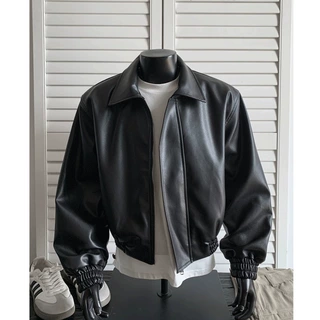 黑色皮衣外套男痞帅高级感cleanfit短款翻领机车夹克美式秋冬季潮
