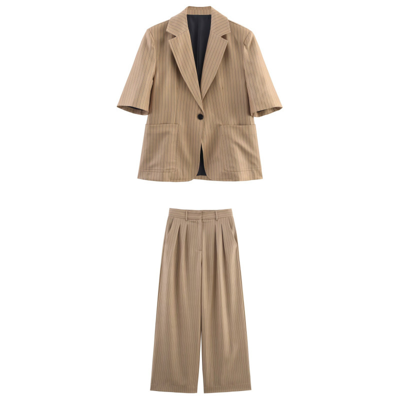 2025 New European and American Style Fashionable Versatile Stripesd Linen Blended Suit Jacket + High Waist Straight Pleated Pants Suit