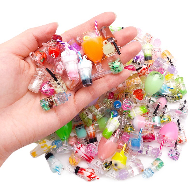 Mezcla 10 helado taza de jugo de leche taza de té botella de vidrio colgante 10x24mm DIY bolsa llavero Accesorios