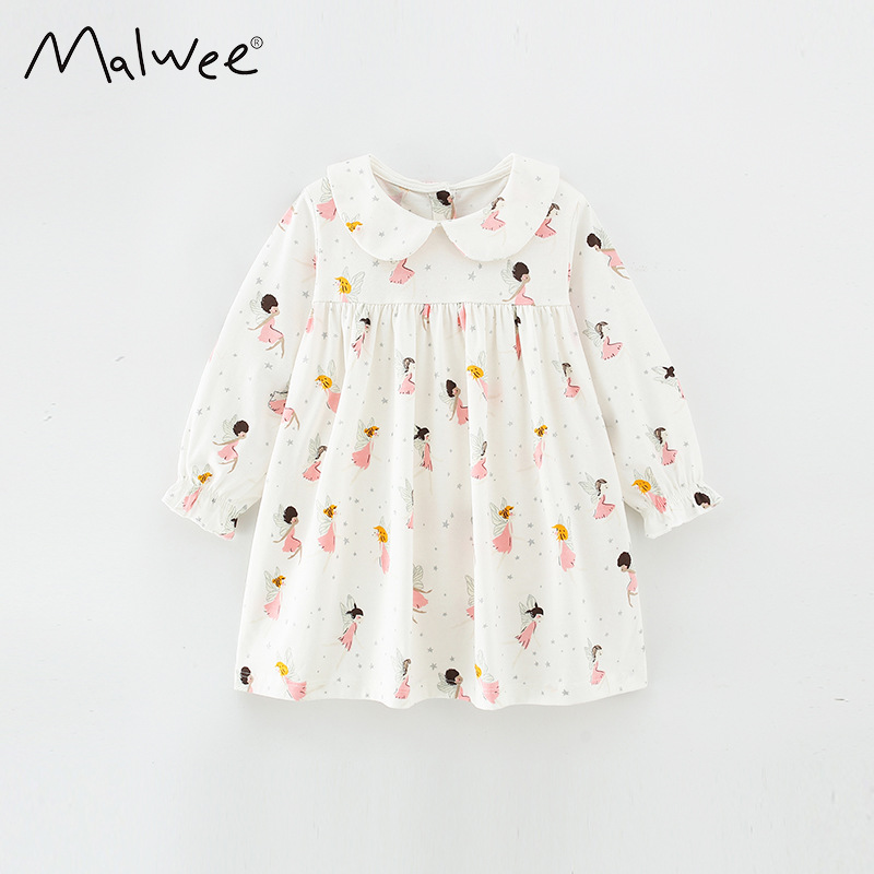 En stock malwee niños vestido de otoño nuevos niños de manga larga impresa cuello redondo casual niña princesa vestido