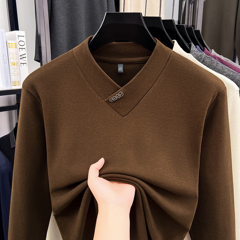 Wool-blend double-sided thermal fleece V-neck long-sleeve t-shirt sweatshirt for men, autumn thickened warm base layer top
