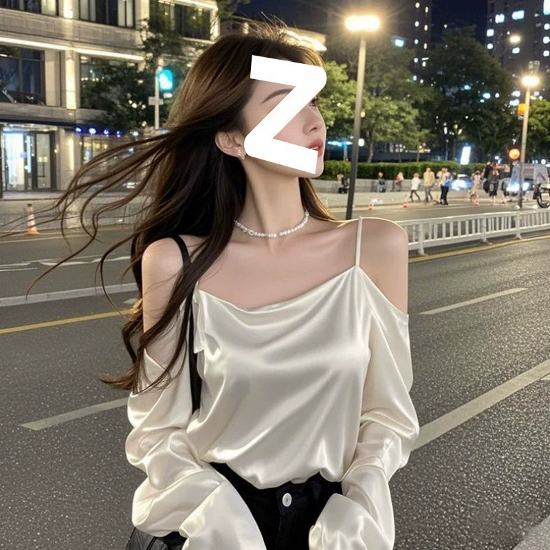 2025 новый весенний темперамент атласный воротник белая рубашка женская свободная жемчужная подтяжка с длинными рукавами рубашка