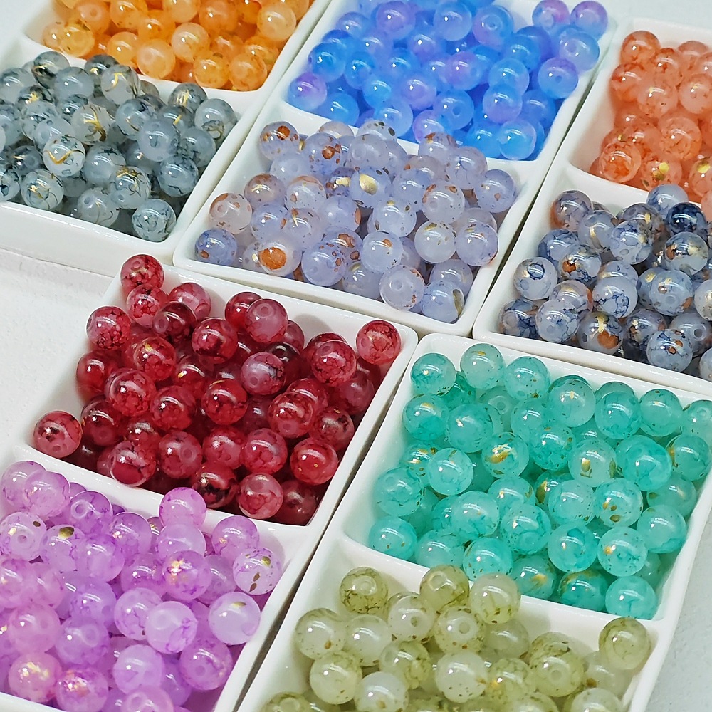 Perlas de vidrio de 8/10mm, material de jade blanco, tinta manchada, accesorios de joyería de estilo chino, cuentas, oro rociado, cuentas sueltas, material de cuentas