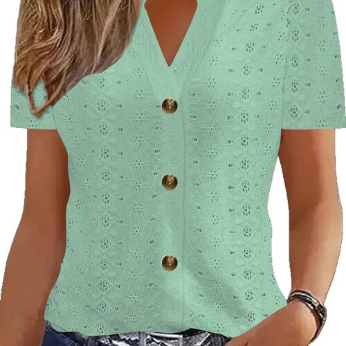 2025 Spring European and American Cross-border Amazon Independent Store New Women's Fashion Casual Solid Button V-neck Short-sleeve T-shirt