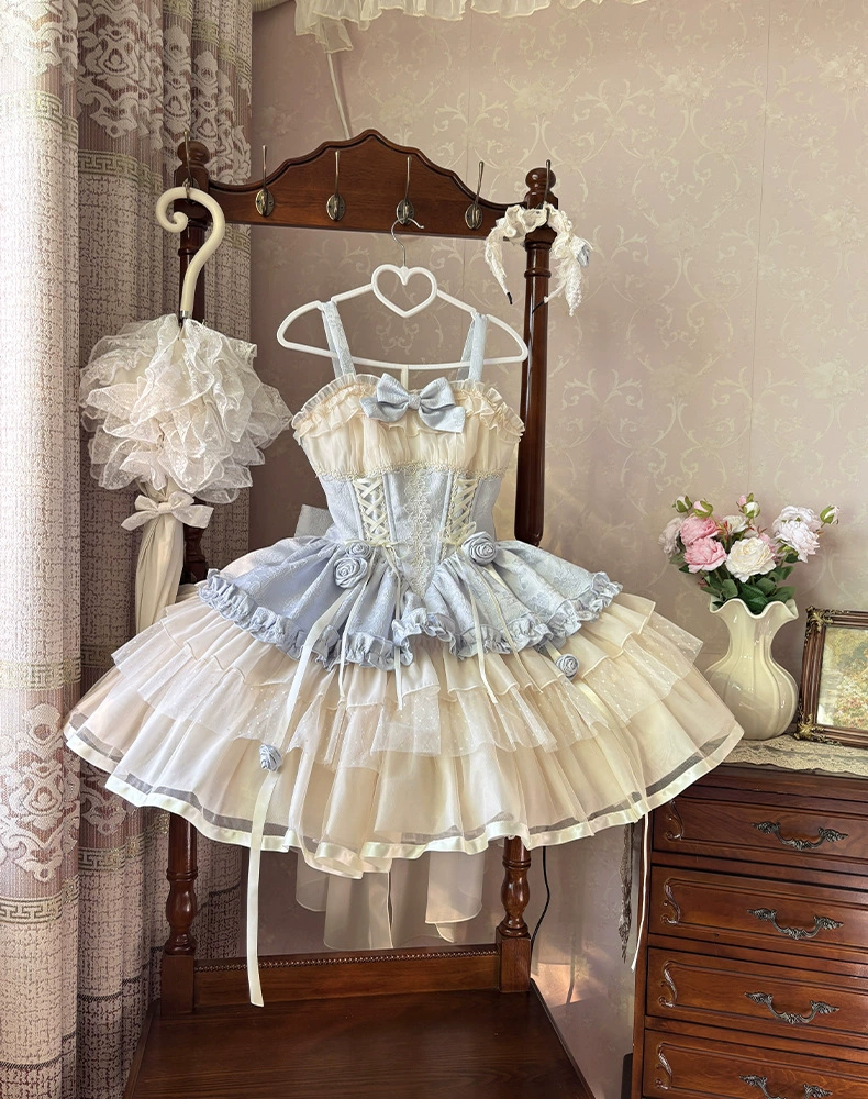 Lolita JSK (Bianyuan) Dance of Time 3.0 — балетный короткий стиль, бантик и розетки, голубой (S–M)