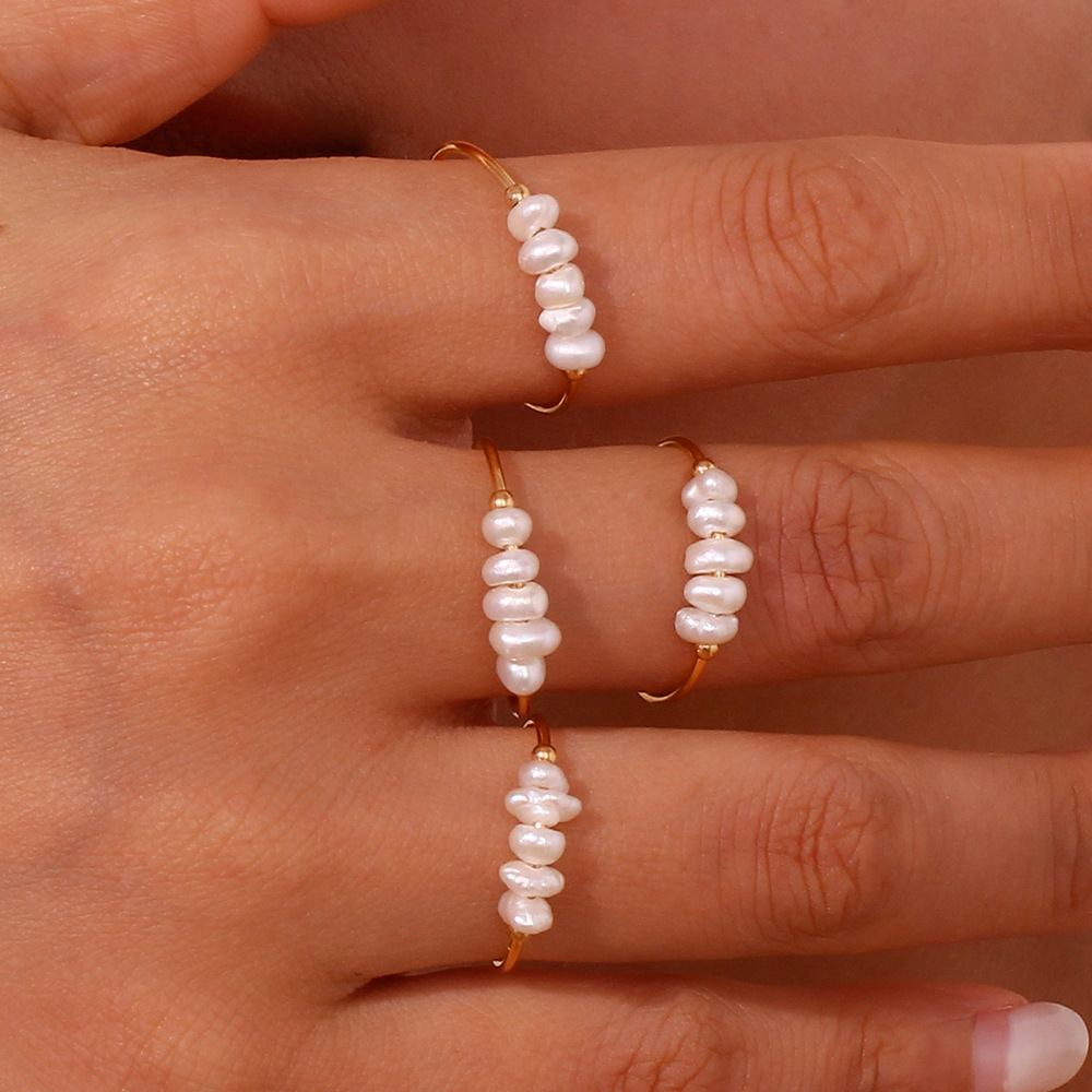 Daily Occasion Women's Stainless Steel PVD Coated 18K Gold Plated Pearl Geometric Rings Imitation Pearl Jewelry