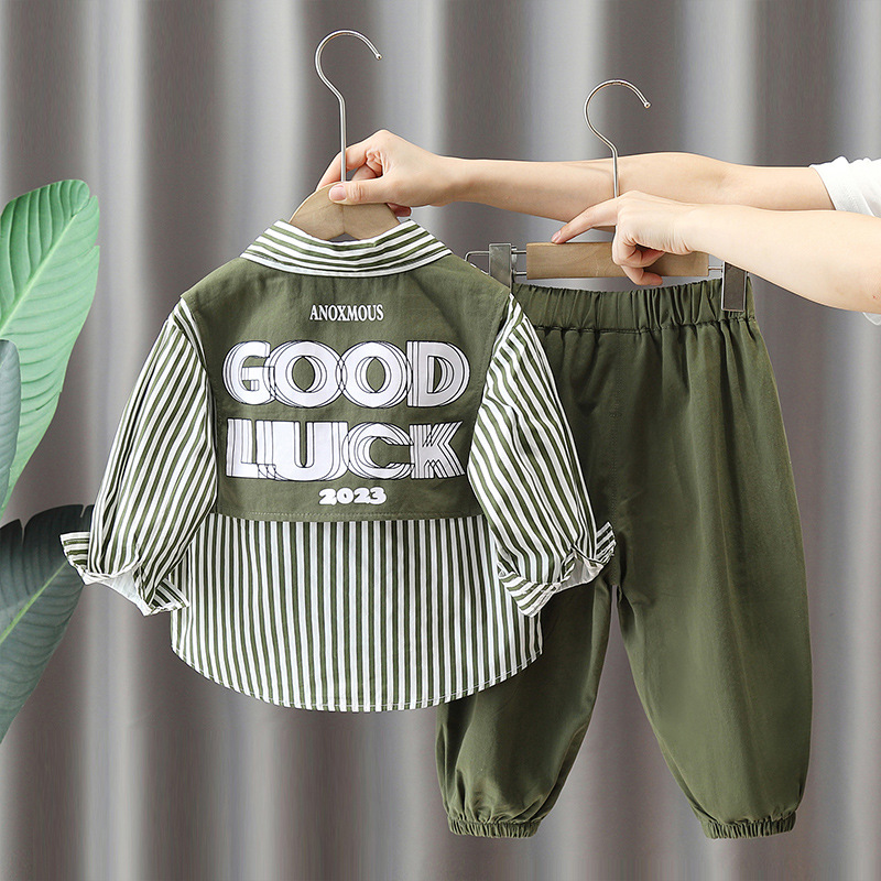 5862 Traje de otoño para niños 2024 Camisa a rayas de primavera y otoño para niños guapos Traje de dos piezas de otoño para bebés