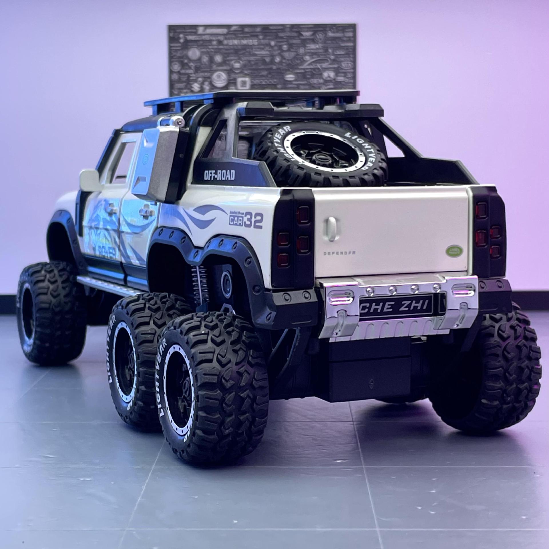 Coche a modelo de coche de aleación 1 a 24 Land Rover Defender 6X6 pickup todoterreno retroceso sonido y luz decoración del modelo de coche de juguete