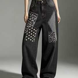 韩系新款NGC水洗做旧拼布贴袋直筒休闲时尚个性牛仔裤 跨境