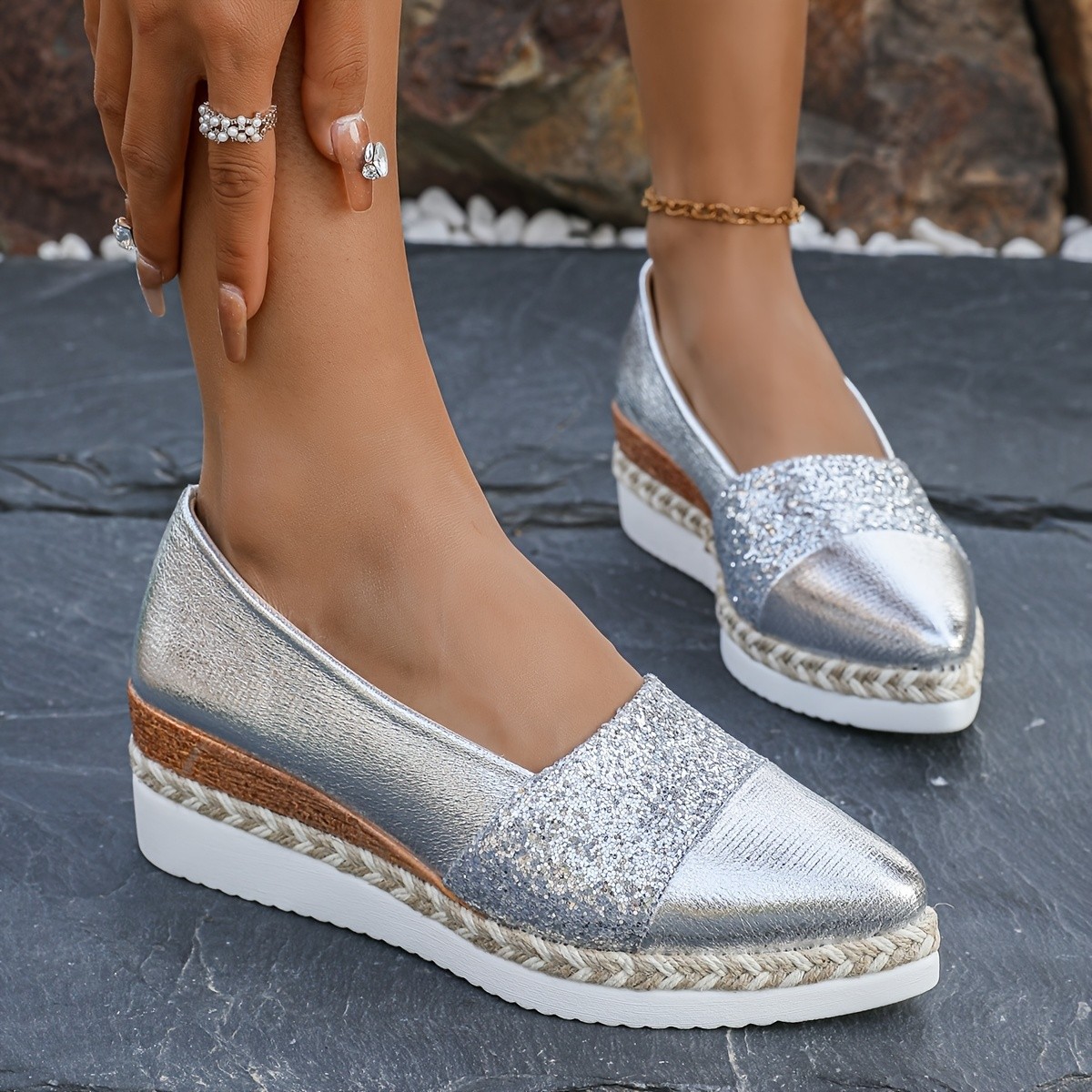 Autumn New Pointed Toe Sequined Wedge Shoes Cross-Border Hemp Rope Sole Platform Slip-On Large Size Shoes for Women