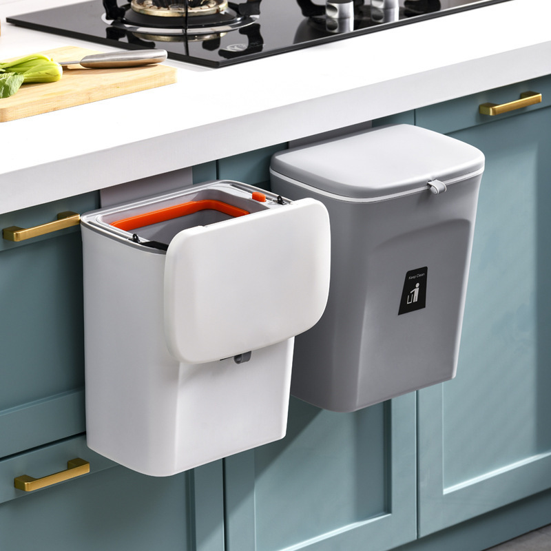 Kitchen Hanging Trash Bin with Inner Bucket Automatic Bag Sealing Household Wall-Mounted Sliding Garbage Storage Bucket with Handle