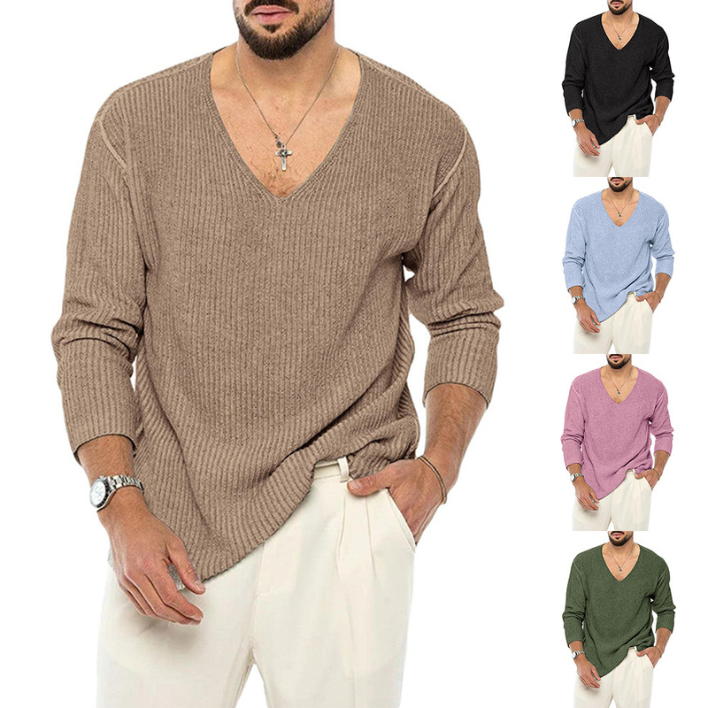 Cross-border European and American V-neck sweater men's solid color long sleeve fashion knitted sweater ins Amazon autumn and winter men's clothing