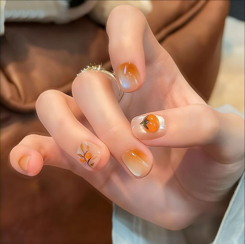 【Persimmon】Hand-Painted Cat-Eye Ins-Style Premium Wearable Nails, Pure Handmade Nail Art Patches, High-End Short Fake Nails